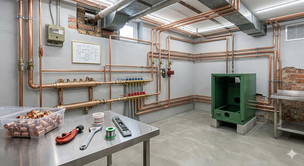 Réseau tuyauterie cuivre chaufferie